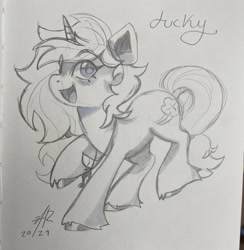 Size: 1999x2048 | Tagged: safe, artist:aarops, derpibooru import, oc, oc only, oc:lucky, pony, unicorn, happy, looking at you, open mouth, smiling, solo, traditional art, unshorn fetlocks