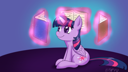 Size: 1920x1080 | Tagged: safe, artist:empyu, derpibooru import, twilight sparkle, twilight sparkle (alicorn), alicorn, pony, book, glowing, glowing horn, horn, simple background, sitting