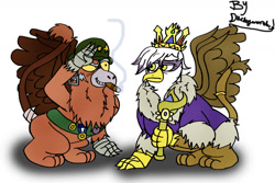 Size: 1280x857 | Tagged: safe, artist:duckyworth, derpibooru import, gilda, oc, griffon, cigar, crown, gilda is not amused, helmet, jewelry, queen gilda, regalia, salute, scepter, unamused