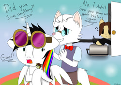 Size: 1024x724 | Tagged: safe, artist:starsingermlp, derpibooru import, oc, oc:dr. wolf, oc:lightning bliss, oc:star singer, oc:voice of reason, aviator goggles, dialogue, goggles, gun, minigun, plushie, spaceballs the tag, team fortress 2, tf2 analysis anarchy, unmatched, weapon