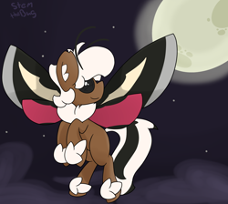 Size: 1900x1700 | Tagged: safe, artist:stemthebug, derpibooru import, oc, oc only, oc:stem bedstraw, insect, moth, mothpony, original species, pony, cloud, flying, insect wings, moon, solo, stars, wings