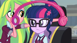 Size: 3410x1920 | Tagged: safe, derpibooru import, screencap, lemon zest, sci-twi, twilight sparkle, equestria girls, friendship games, duo, duo female, female, glasses, headphones, high res