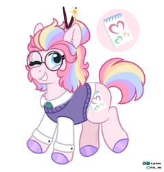 Size: 2100x2200 | Tagged: safe, artist:pink-pone, derpibooru import, oc, oc:sketch book, pony, clothes, female, glasses, mare, one eye closed, shirt, simple background, solo, sweater vest, white background, wink