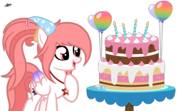 Size: 2726x1700 | Tagged: safe, artist:princessmoonsilver, derpibooru import, oc, oc:fire lynk, pegasus, pony, balloon, cake, candle, female, folded wings, food, frosting, hat, hoof on chest, jewelry, looking at something, mare, necklace, open mouth, party hat, signature, simple background, solo, table, transparent background, wings