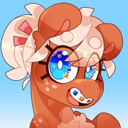 Size: 2048x2048 | Tagged: safe, artist:cocopudu, derpibooru import, oc, oc only, oc:snickerdoodle, earth pony, pony, braces, bust, chest fluff, eye clipping through hair, female, freckles, gradient background, looking at you, mare, open mouth, open smile, smiling, smiling at you, solo, wingding eyes