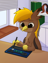 Size: 1536x2048 | Tagged: safe, artist:keupoz, derpibooru import, oc, oc only, oc:pad, griffon, beak, book, bookshelf, claws, commission, computer, griffon oc, headphones, laptop computer, screwdriver, window, wings