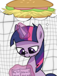 Size: 1536x2048 | Tagged: safe, artist:omelettepony, ponerpics import, twilight sparkle, unicorn twilight, pony, unicorn, animated, book, burger, female, food, hay burger, looking at something, magic, magic aura, mare, reading, simple background, smiling, solo, thinking