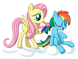 Size: 1502x1129 | Tagged: safe, artist:reconprobe, derpibooru import, fluttershy, rainbow dash, pegasus, pony, brushing, cloud, female, filly, filly fluttershy, filly rainbow dash, foal, simple background, transparent background, younger