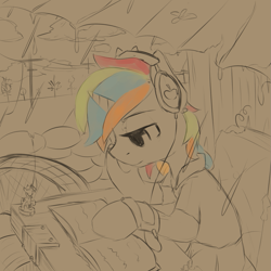 Size: 1111x1111 | Tagged: safe, artist:zebra, ponerpics import, oc, oc only, fallout equestria, book, headphones, lofi hip hop radio - beats to relax/study to, pipbuck, rain, reading, sandbags, solo, statuette