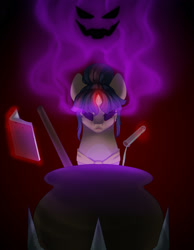 Size: 1950x2510 | Tagged: safe, artist:stormcloud-yt, derpibooru import, oc, oc only, pony, unicorn, book, cauldron, corrupted, female, horn, mare, offspring, parent:flash sentry, parent:twilight sparkle, parents:flashlight, unicorn oc