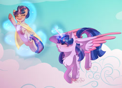 Size: 1024x738 | Tagged: safe, artist:stormcloud-yt, derpibooru import, twilight sparkle, twilight sparkle (alicorn), oc, alicorn, pony, unicorn, cape, chest fluff, clothes, cloud, colored wings, duo, female, filly, flying, foal, glowing, glowing horn, grin, horn, levitation, magic, mare, offspring, parent:flash sentry, parent:twilight sparkle, parents:flashlight, smiling, telekinesis, two toned wings, unicorn oc, wings