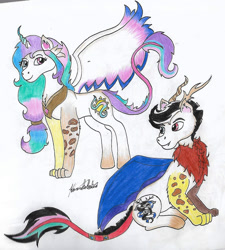 Size: 1328x1474 | Tagged: safe, artist:monse2001, derpibooru import, oc, oc only, draconequus, hybrid, draconequus oc, female, interspecies offspring, male, offspring, parent:discord, parent:princess celestia, parents:dislestia, signature, simple background, traditional art, white background