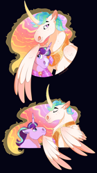 Size: 1500x2671 | Tagged: safe, artist:owlcoholik, derpibooru import, princess celestia, starlight glimmer, pony, alternate hairstyle, hug, winghug, wings