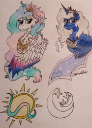 Size: 2083x2879 | Tagged: safe, artist:monse2001, derpibooru import, oc, oc only, alicorn, pony, bust, duo, parent:princess celestia, parent:princess luna, peytral, signature, traditional art