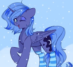 Size: 1421x1319 | Tagged: safe, artist:kadzumiisayu, derpibooru import, princess luna, alicorn, pony, clothes, looking at you, one eye closed, open mouth, open smile, s1 luna, smiling, smiling at you, snow, snowfall, socks, solo, striped socks, wink, winking at you