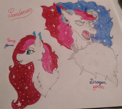 Size: 2591x2314 | Tagged: safe, artist:monse2001, derpibooru import, oc, oc only, oc:pandora, pony, bust, chest fluff, duo, ethereal mane, female, parent:princess luna, parents:canon x oc, starry mane, traditional art