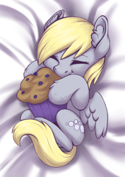 Size: 2675x3775 | Tagged: safe, artist:taytinabelle, derpibooru import, derpy hooves, pegasus, pony, bed, cute, derpabetes, ear fluff, ears, eyes closed, female, food, happy, hnnng, hoof fluff, hug, lying down, lying on bed, mare, muffin, on back, on bed, small, smiling, snuggling, solo, spread wings, unshorn fetlocks, wings