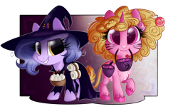 Size: 1280x782 | Tagged: safe, artist:lolepopenon, derpibooru import, oc, oc only, oc:billie, oc:curly cue, earth pony, unicorn, clothes, cute, female, filly, foal, halloween, holiday, simple background, transparent background