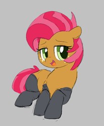 Size: 377x457 | Tagged: safe, artist:hattsy, artist:parfait, ponerpics import, babs seed, earth pony, pony, aggie.io, clothes, female, filly, foal, lying down, mare, open mouth, simple background, smiling, socks
