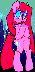 Size: 552x1132 | Tagged: safe, artist:computershits, derpibooru import, pinkie pie, earth pony, semi-anthro, bipedal, chest fluff, choker, dilated pupils, ear fluff, ears, fluffy, heart, heart hoof, hooves to the chest, hooves together, lightly watermarked, long hair, looking at you, paint drip, paint splatter, pinkamena diane pie, simple background, smiling, solo, underhoof, watermark