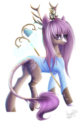 Size: 895x1342 | Tagged: safe, artist:bastet-catmew, derpibooru import, oc, earth pony, pony, antlers, female, mare, simple background, solo, staff, white background