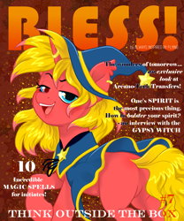 Size: 3000x3600 | Tagged: safe, artist:always inspired by flying, derpibooru import, oc, oc:cinnamon swirl, pony, unicorn, cloak, clothes, ear piercing, earring, engagement ring, hat, horn, horn ring, jewelry, looking at you, looking back, magazine, magazine cover, piercing, rear view, witch, witch hat