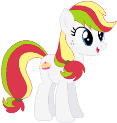 Size: 359x377 | Tagged: safe, artist:selenaede, artist:user15432, derpibooru import, coconut cream, earth pony, pony, base used, female, freckles, full body, hooves, mare, multicolored mane, multicolored tail, open mouth, open smile, simple background, smiling, solo, standing, tail, white background