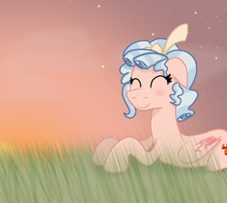 Size: 4000x3580 | Tagged: safe, artist:naturajellyfish, derpibooru import, cozy glow, pegasus, pony, a better ending for cozy, blushing, bow, butt freckles, cloud, cozy glow's bow, cozybetes, cute, ears, eyes closed, female, floppy ears, folded wings, freckles, grass, grass field, hair bow, high res, lying down, mare, older, older cozy glow, op hates this image, prone, quality, smiling, solo, starry sky, sunset, wings