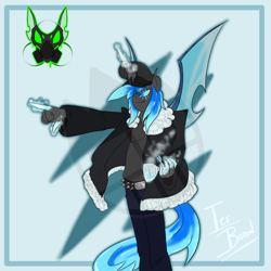 Size: 1600x1600 | Tagged: safe, artist:sanyo2100, derpibooru import, oc, oc:kryostasis, changeling, alternate universe, blue changeling, brutal equestria, general, ice