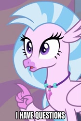 Size: 449x667 | Tagged: safe, derpibooru import, edit, edited screencap, screencap, silverstream, classical hippogriff, hippogriff, season 9, student counsel, caption, cropped, female, i have questions, image macro, meme, open mouth, surprised, text