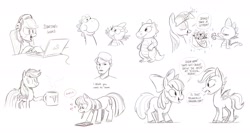 Size: 3000x1599 | Tagged: safe, artist:mellodillo, derpibooru import, apple bloom, rainbow dash, scootaloo, spike, twilight sparkle, oc, human, pony, coffee mug, computer, crossover, female, filly, foal, laptop computer, male, mare, monochrome, mouth hold, mug, notebook, pencil, pun, simple background, sketch, sketch dump, speech bubble, spike is not amused, thought bubble, unamused, white background, yoshi