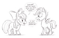 Size: 943x612 | Tagged: safe, artist:mellodillo, derpibooru import, apple bloom, scootaloo, earth pony, pegasus, pony, dialogue, female, filly, foal, grayscale, implied cannibalism, implied snips, monochrome, simple background, sketch, speech bubble, white background