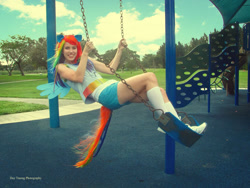 Size: 960x720 | Tagged: safe, artist:megancoffey, derpibooru import, rainbow dash, human, 2014, clothes, cosplay, costume, irl, irl human, multicolored hair, photo, rainbow hair, shorts, solo, swing