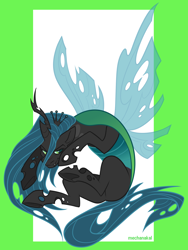 Size: 1500x2000 | Tagged: safe, artist:mechanakal, derpibooru import, queen chrysalis, changeling, changeling queen, pony, crown, curled up, female, floating, frown, green background, insect wings, jewelry, lightly watermarked, looking at you, looking sideways, raised leg, regalia, simple background, solo, spread wings, watermark, wings