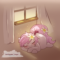 Size: 1200x1200 | Tagged: safe, artist:cold-blooded-twilight, derpibooru import, oc, oc only, oc:kayla, blushing, commission, eyes closed, female, filly, flower, flower in hair, flower in tail, foal, scrunchie, sleeping, solo, sunlight, tail, window
