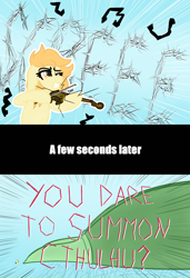 Size: 2742x4000 | Tagged: safe, artist:justapone, derpibooru import, oc, oc only, oc:orange cream, pony, colored, colored sketch, comic, cthulhu, dialogue, female, gritted teeth, macro, mare, musical instrument, playing instrument, screech, simple background, solo, summoning, violin