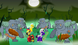 Size: 1566x902 | Tagged: safe, artist:brightstar40k, artist:swiftgaiathebrony, derpibooru import, oc, earth pony, ogre, pegasus, troll, unicorn, earth pony oc, fantasy class, female, horn, magic, male, mare, monster, pegasus oc, shield, spear, stallion, swamp, sword, telekinesis, unicorn oc, warrior, weapon