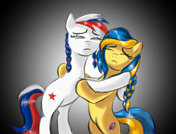 Size: 5000x3800 | Tagged: safe, artist:arkhat, derpibooru import, oc, oc:marussia, oc:ukraine, earth pony, pony, bipedal, current events, duo, duo female, female, high res, hug, nation ponies, ponified, russia, sad, ukraine