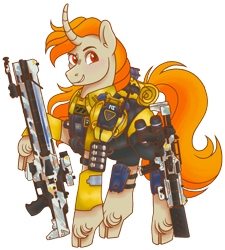 Size: 2108x2346 | Tagged: safe, artist:fizzmitz, derpibooru import, oc, oc only, oc:tekkitbeasting, unicorn, ponybooru collab 2022, armor, armored pony, chestplate, curved horn, ear fluff, ears, grenade, gun, horn, long mane, male, new conglomerate, planetside, planetside 2, rifle, simple background, stallion, submachinegun, transparent background, unshorn fetlocks, weapon