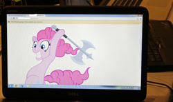 Size: 640x378 | Tagged: safe, derpibooru import, pinkie pie, earth pony, 2012, axe, computer, google chrome, hack, irl, laptop computer, photo, weapon