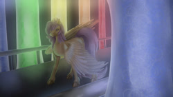 Size: 1192x670 | Tagged: safe, artist:ddashysfm, derpibooru import, scootaloo, pegasus, pony, fanfic:pegasus device, fanfic:rainbow factory, 2022, absentia, alternate hairstyle, fanfic art, female, frown, injured wing, large wings, lineless, liquid rainbow, long tail, looking down, pegasus device, sad, solo, spectra, standing, tail, wings