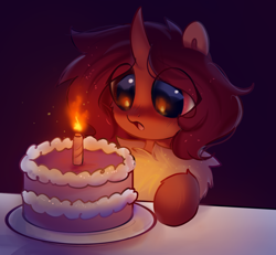 Size: 1500x1384 | Tagged: source needed, safe, artist:enderselyatdark, derpibooru import, oc, oc only, oc:flechette, changeling, hybrid, moth, mothling, original species, birthday, birthday cake, cake, candle, curved horn, eye reflection, female, food, horn, red changeling, reflection, simple background, solo