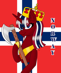 Size: 1280x1536 | Tagged: safe, artist:hiroultimate, derpibooru import, oc, pony, axe, flag, nation ponies, norway, ponified, solo, weapon