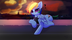 Size: 3840x2160 | Tagged: safe, artist:rainsketch, derpibooru import, rainbow dash, pegasus, pony, dusk, eye clipping through hair, eyebrows, eyebrows visible through hair, female, high res, lying down, mare, prone, question mark, solo