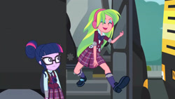 Size: 3410x1920 | Tagged: safe, derpibooru import, screencap, lemon zest, sci-twi, twilight sparkle, equestria girls, friendship games, clothes, crystal prep academy uniform, duo, duo female, eyes closed, female, glasses, headphones, high res, magic capture device, open mouth, open smile, school uniform, shoes, smiling, socks