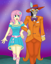 Size: 1280x1592 | Tagged: safe, artist:lennondash, derpibooru import, discord, fluttershy, equestria girls, age difference, bowtie, breasts, discoshy, equestria girls-ified, female, hat, linked arms, looking at each other, looking at someone, male, night, night sky, open mouth, open smile, shipping, sky, smiling, stars, story included, straight, zoot suit