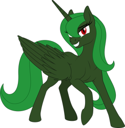 Size: 2151x2200 | Tagged: safe, artist:grypher, derpibooru import, oc, oc only, oc:evening "eve" canter, alicorn, pony, fallout equestria, green alicorn (fo:e), grin, looking at you, raised hoof, raised leg, simple background, smiling, smug, solo, transparent background, vector