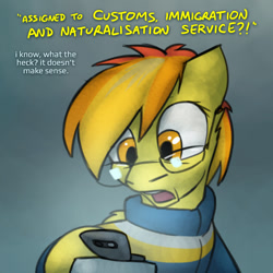 Size: 800x800 | Tagged: safe, artist:captainhoers, derpibooru import, spitfire, pegasus, pony, the sunjackers, cellphone, dialogue, female, glasses, hoof hold, mare, older, older spitfire, phone, reading, solo