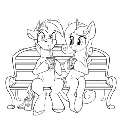 Size: 1800x1800 | Tagged: safe, artist:tsitra360, derpibooru import, button mash, sweetie belle, earth pony, pony, unicorn, bench, black and white, bubble tea, duo, female, grayscale, implied shipping, lineart, male, monochrome, nintendo switch, older, older button mash, older sweetie belle, shipping, simple background, sipping, sitting, straight, sweetiemash, white background