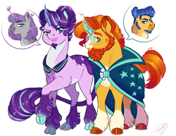 Size: 2200x1700 | Tagged: safe, artist:theartfox2468, derpibooru import, flash sentry, maud pie, starlight glimmer, sunburst, classical unicorn, earth pony, pegasus, pony, unicorn, alternate hairstyle, beard, bisexual, cloven hooves, coat markings, colored hooves, crystal horn, facial hair, female, goatee, horn, implied flashburst, implied gay, implied lesbian, implied polyamory, implied starmaud, leonine tail, male, mare, shipping, simple background, socks (coat marking), speech bubble, stallion, starburst, story included, straight, sunburst the bearded, unshorn fetlocks, white background
